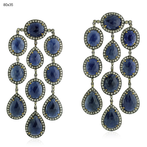 Blue Sapphire Diamond Chandelier Earrings - 18k Gold, 80x35 mm, Blue Sapphire with 6.3 Ct Diamonds, Handcrafted Luxury Design