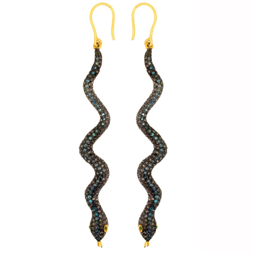 14k Yellow Gold Tsavorite Snake Diamond Silver Hook Earrings