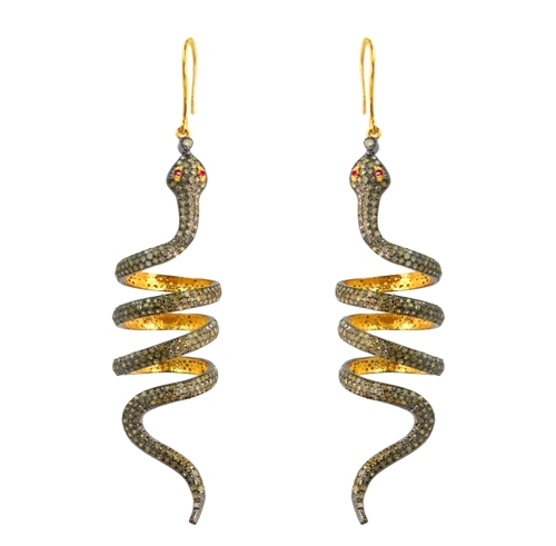 Yellow Gold Vintage Diamond Silver Hook Earrings