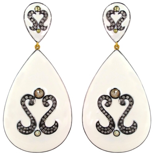 Enamel Sterling Silver Diamond Studded Drop Gold Earrings
