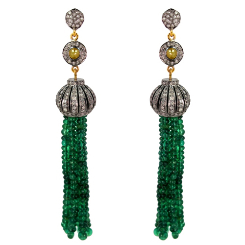 Yellow Gold Emerald Beads Diamond Tassel Earrings