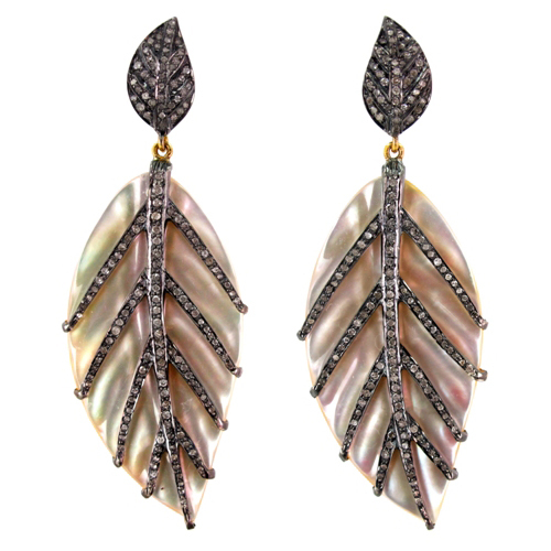 Leaf shape Pearl Diamond Studded Gold Dangle Silver Earrings