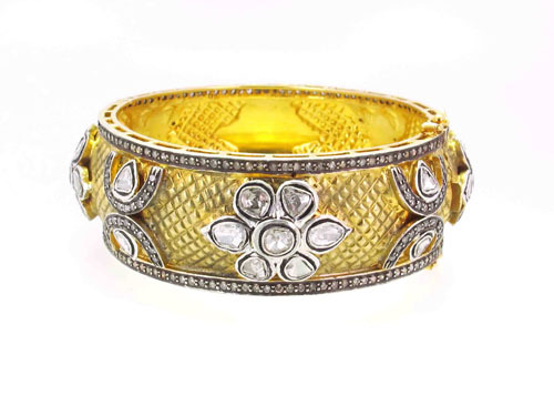 14k Yellow Gold Rosecut Diamond Silver Bangle
