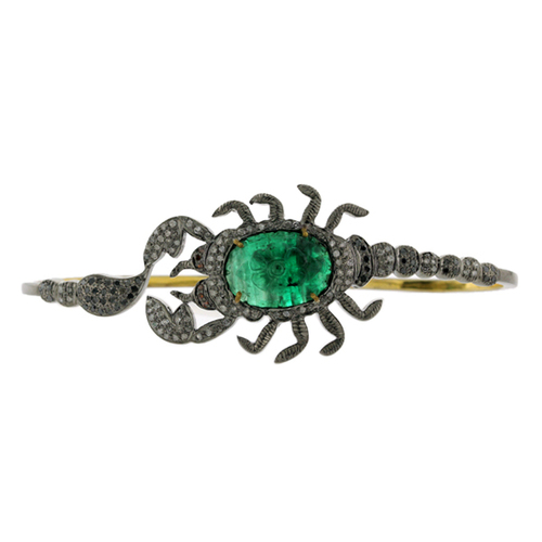 Emerald Designer Palm Bracelet - 18k Gold & Silver, 1.40ct Diamond, 7.56ct Emerald, Handcrafted Luxury Jewelry