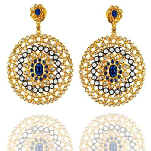 Round Shape Yellow Gold Blue Sapphire & Moonstone Diamond Silver Earrings