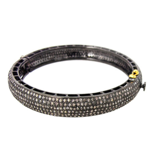 Yellow Gold Pave Diamond Silver Vintage Bangle