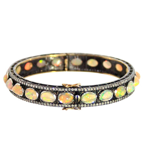 Gold Opal Gemstone Silver Diamond Bangle