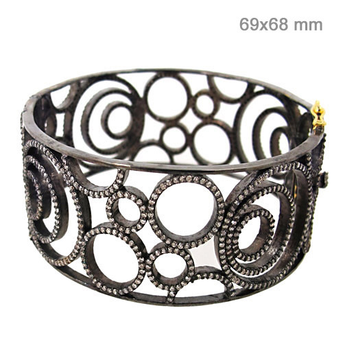 Pave Diamond Silver Gold Fashion Bangle - 14k Gold & Silver, 59x68 mm, 6.53 Ct Diamond, Elegant Design