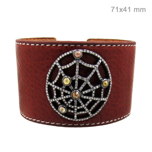 Leather Diamond Silver Bangle