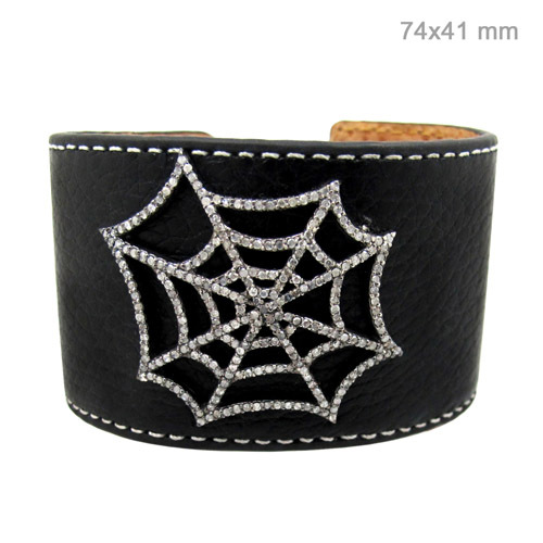 Black Leather Spider Diamond Silver Bangle