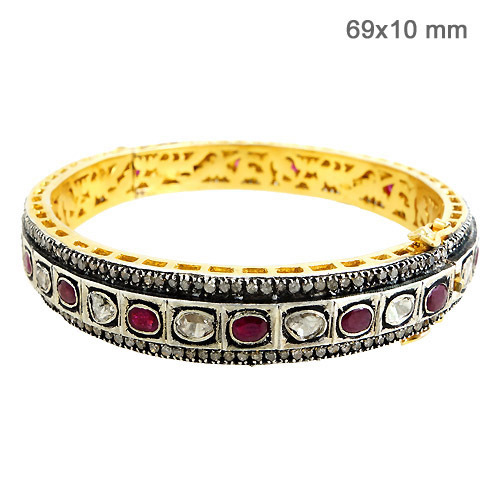 Rose Cut Diamond Ruby Bangle - 14k Gold & Silver, 69x10 mm, Red Ruby, 3.30 Ct Diamond | Elegant Design, Everlasting Shine, Fine Embellishment