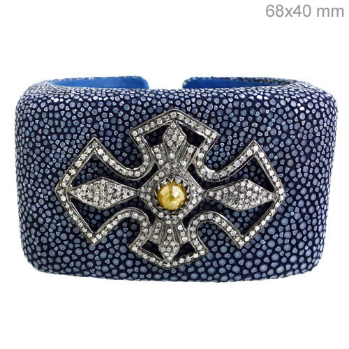 Stingray Leather Pave Diamond Silver Cuff  Bangle 