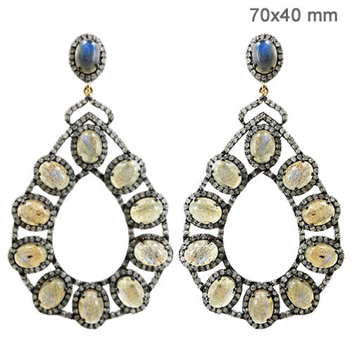 Labradorite Gemstone Diamond Earrings - 14k Gold, 70x40 mm, 27.09 CTS Stone, 5.25 CTS Diamond | Elegant Design, Lightweight, Fine Craftsmanship