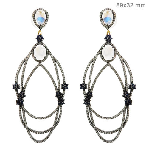 Pave Diamond Moonstone Sapphire Gemstone Earrings