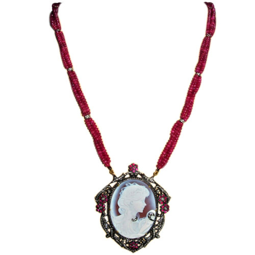 Lady Victorian Ruby Beaded Diamond Cameo Necklace