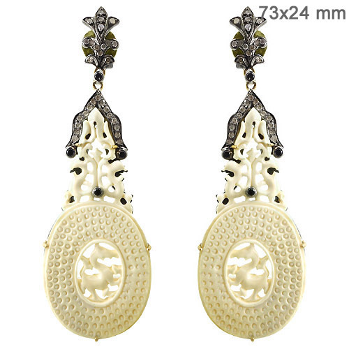Pave Diamond Silver Pearl Carving Earrings