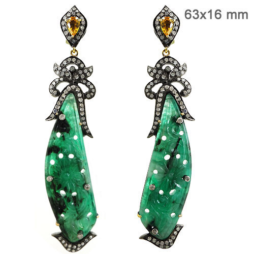 Diamond Emerald Carving Earrings - 14k Gold, 63x16 mm, Green Emerald, 1.55 Ct Diamonds, Intricate Design