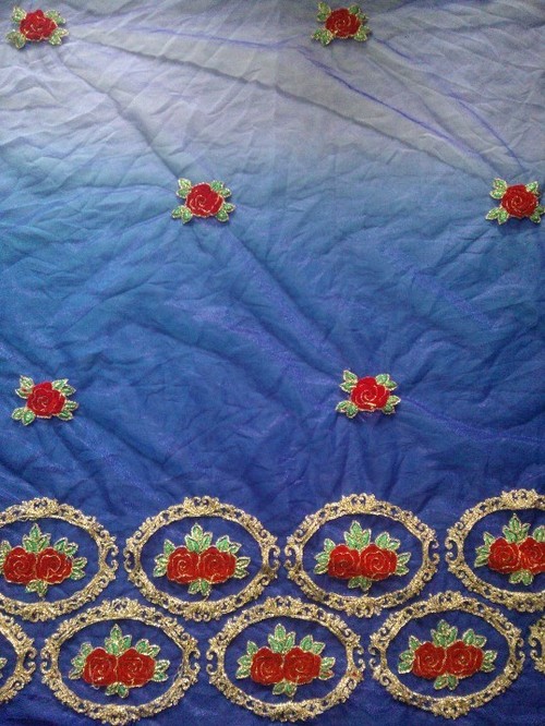 Polyester Embroidered Fabrics - 54" Width, 150gsm, Blue Floral, Vibrant Colors, Fancy Threads, Soft Texture