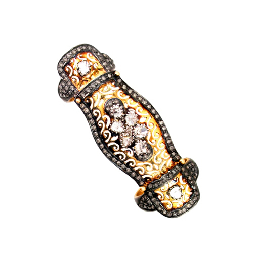14k Yellow Gold Designer Diamond Studded Long Ring