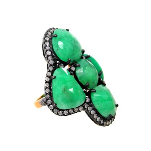 Yellow Gold Emerald Diamond Silver Ring