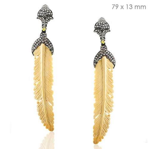 Diamond Pave Pearl Gemstone Feather Earrings