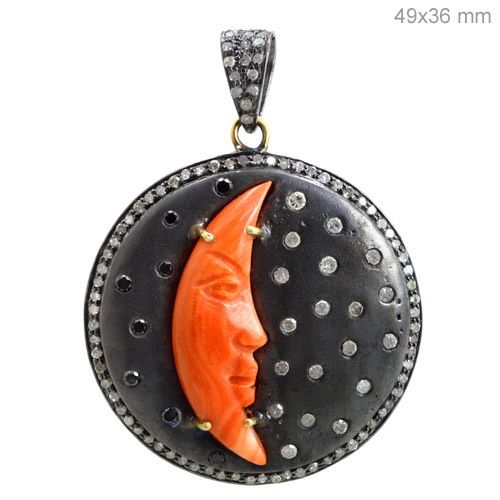 Coral Carving Moon Face Diamond Studded Pendant
