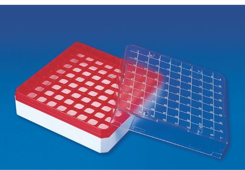 CRYO BOX (PC) - Polycarbonate, 81 Places for 1-4.5ml Cryovials | Autoclavable, -190°C to +121°C Temperature Range, Transparent Red Cover
