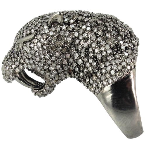 Diamond Studded Silver Tiger Face Ring - 925 Sterling Silver, 4.66 CTS Diamonds, 17.98 GMS | Elegant, Luxury Fashion, Engagement, Wedding
