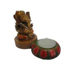 Wooden Ganesha Flower Multicolor Tea Light Holder