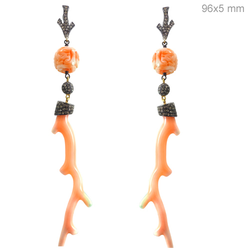 Coral Carving Gold Diamond Earrings - 14k Gold, Coral 40.55 CTS, Diamond 1.05 CTS | Elegant Design, Handcrafted Jewelry