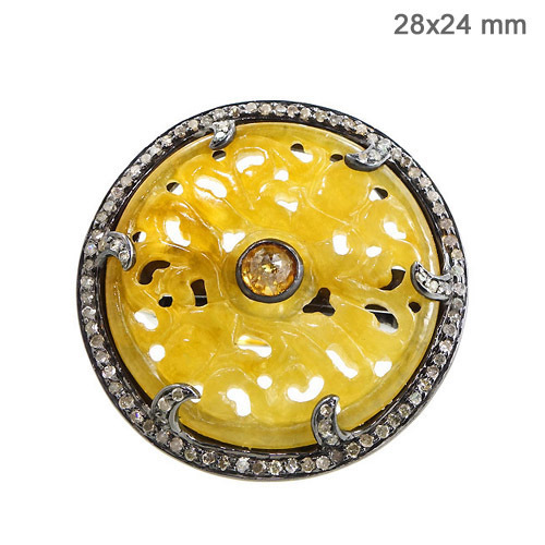 14k Gold Silver Diamond Pave Jade Carving Ring