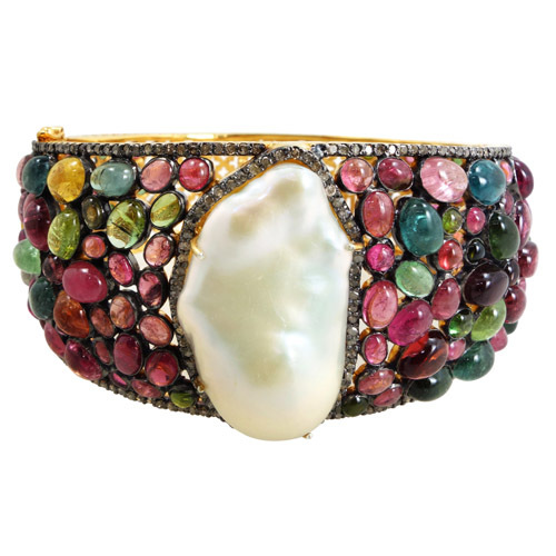 Multi Tourmaline Pearl Diamond Gemstone Bangle