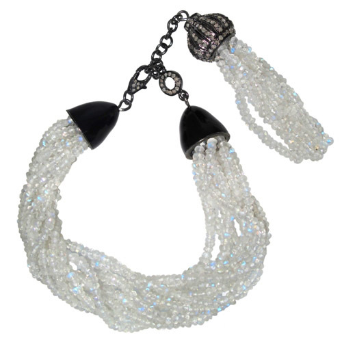 Diamond Moonstone Beads Tassel Bracelet - 925 Sterling Silver Rainbow Moonstone 129.65 CTS 1.35 CTS Diamond Handcrafted Elegant Design