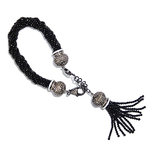 Onyx Beaded Diamond Gemstone Tassel Bracelet