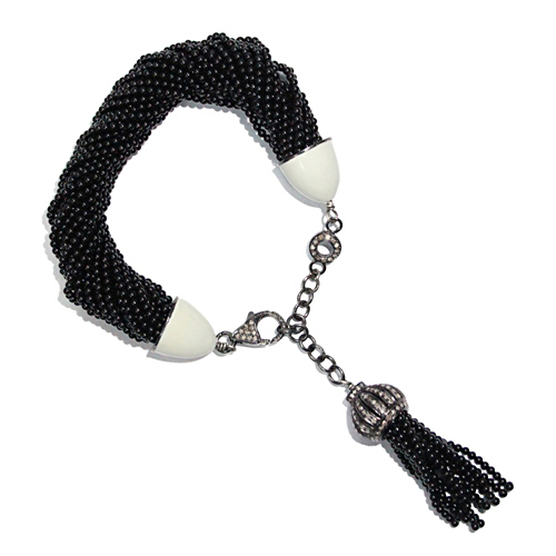 Black Onyx Beads Diamond Gemstone Tassel Bracelet