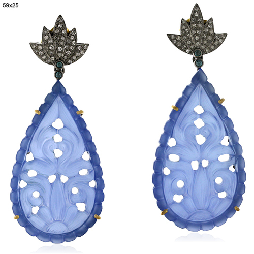 Blue Agate Carved Teardrop Earrings