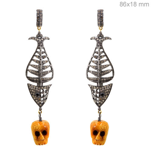 Diamond Coral Carving Skeleton Face Earrings