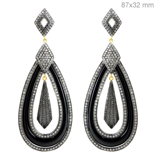 Diamond Pave Gold Onyx Dangle Earrings