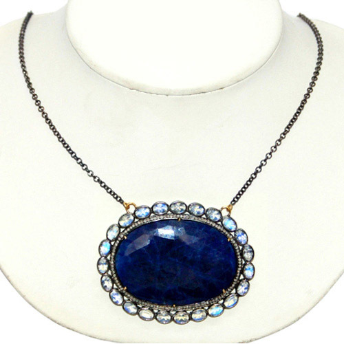 Pave Diamond Silver Blue Sapphire Necklace