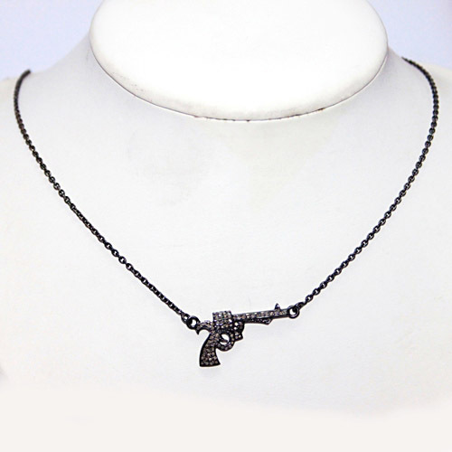 Gun Pendant Diamond Pave Silver Chain Necklace