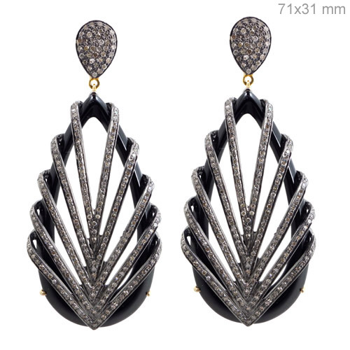 Gold Diamond Pave Onyx Gemstone Earrings - 14k Gold, Sterling Silver, 75x21 mm, Black Onyx, 3.47 CTS Diamonds | Elegant Design, Luxury Party Wear, Gift Item