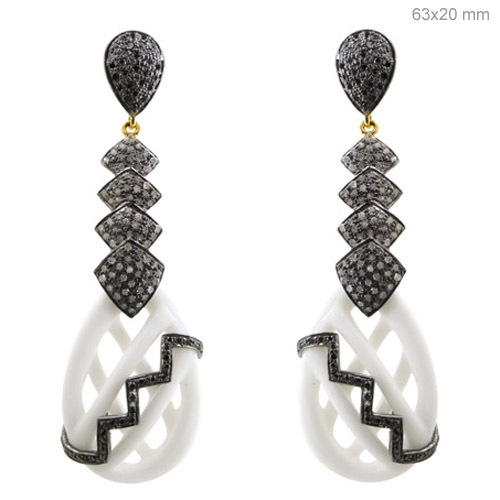 Pave Diamond Gemstone Carving Dangle Earrings