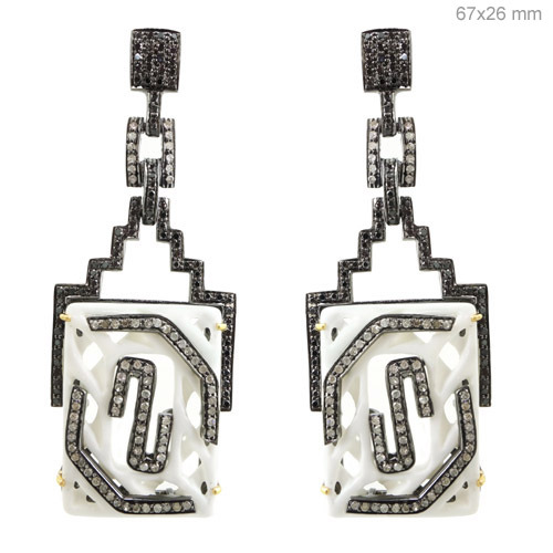 Silver Pave Diamond Onyx Gemstone Carving Earrings - 14k Gold, 67x26 mm, Black Onyx, 2.67 Ct Diamonds, Elegant Luxury