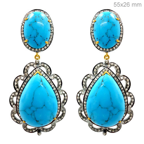 Pave Diamond Gold Turquoise Dangle Earrings