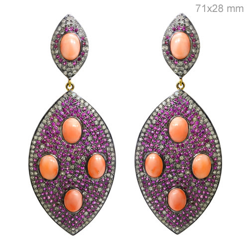 Pave Diamond Gemstone Dangle Earrings - 14k Gold Silver, 71x28mm, Ruby Coral | Elegant Design, Party Wear, Gift