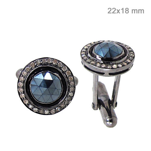 Black Spinel Silver Cuff-link Accessories - 925 Sterling Silver, 22x18 mm, Black Spinel, 0.29 Ct Diamond, Elegant Design