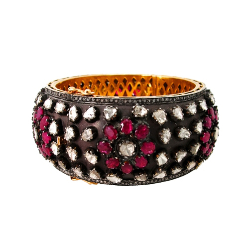 Pave Diamond Silver Gold Ruby Gemstone Bangle - 14k Gold, Ruby 44.70 CTS, Diamond 27.30 CTS | Elegant Design, Lightweight, Smooth Texture