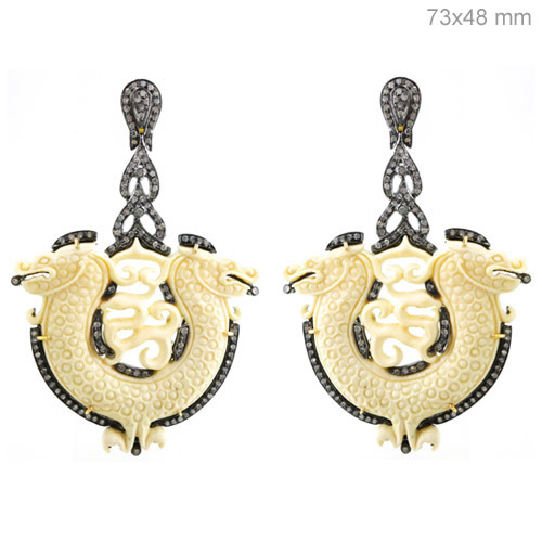 Gold Diamond Onyx Carving Earrings - 14k Gold, 73x48 mm, Onyx Color | Elegant Design, Gemstone Carving, Wedding Suitable