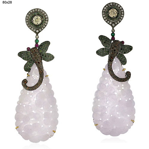 Carving Jade Green Diamond Dangle Earrings 