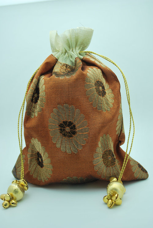 Silk Pouches - Pure Silk, Variable Dimensions, Orange | Drawstring Closure, Golden Beads Embellishments, Floral Pattern, Elegant Design